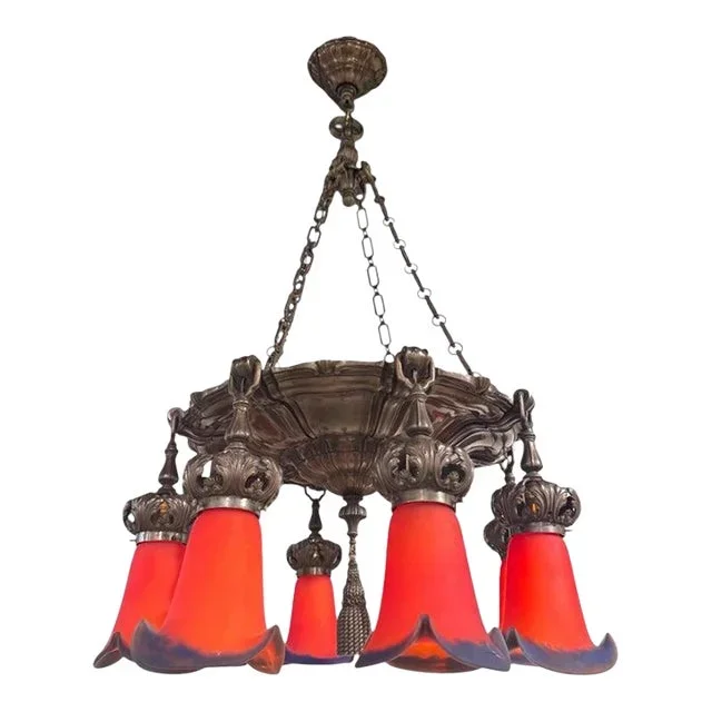 1900 Caldwell Silver Chandelier With Red Flowers Glass Shades 8 Lights