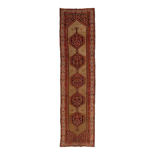1900s Brown Antique Malayer Wool Runner With Tribal Pattern