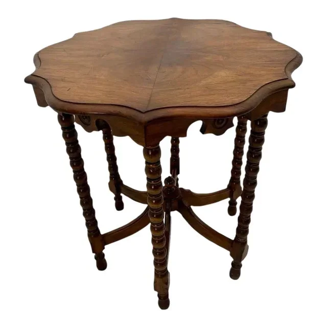 1900s Victorian Parlor Table Six Legs Burled Walnut Scalloped Top Hand Carved