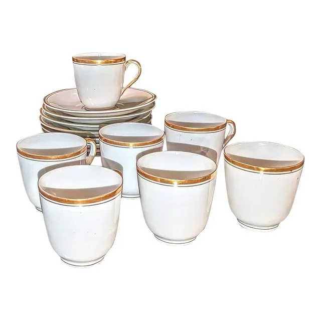 1910’s German Gold Trim Espresso Cup & Saucer Set- 14 Pieces