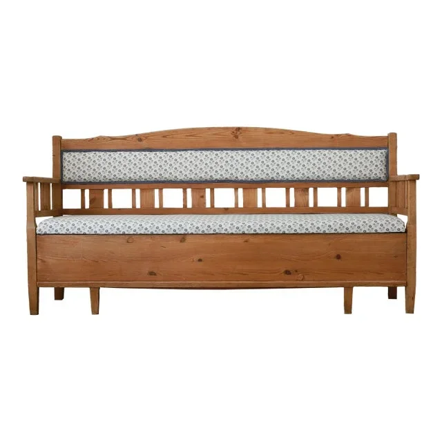 1910s Antique Swedish Pine Storage Bench, Newly Upholstered
