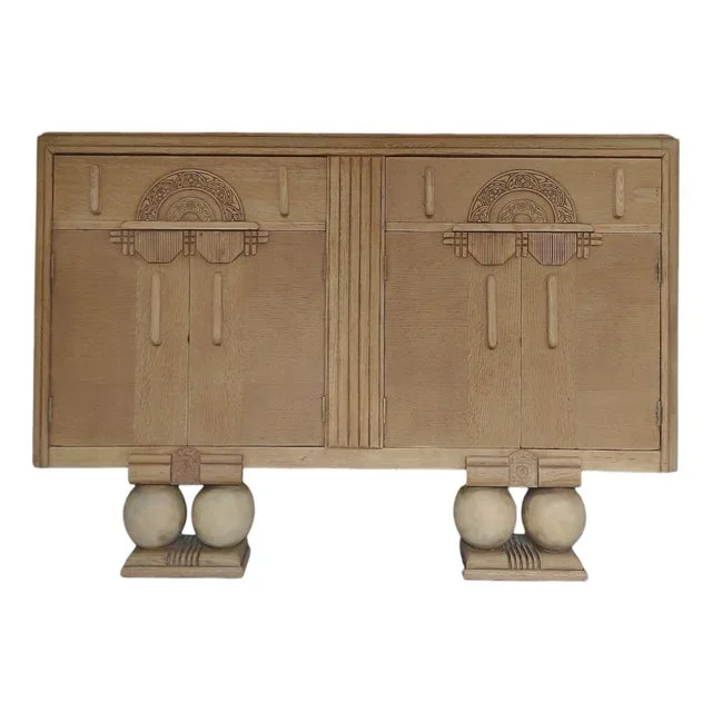 1920’s Art Deco Natural Wood Sideboard With Carved Detailing and Oversized Double Bun Feet