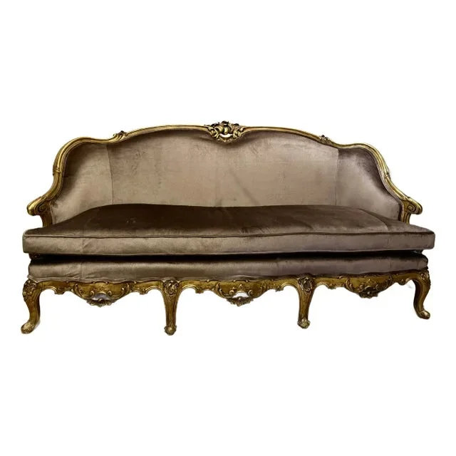 1920’s French Carved Gold Gilt Taupe Velvet Sofa