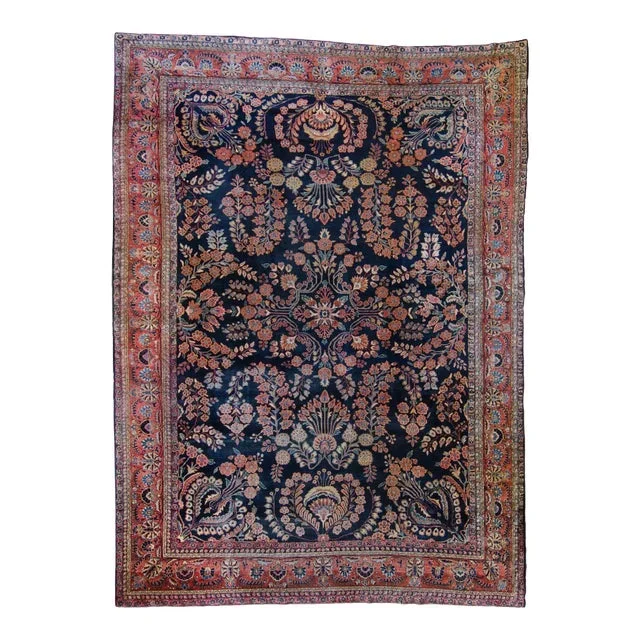 1920s Antique Art Deco Navy Botanical Hand-Knotted Wool Pile Rug – 10’4″ X 14′