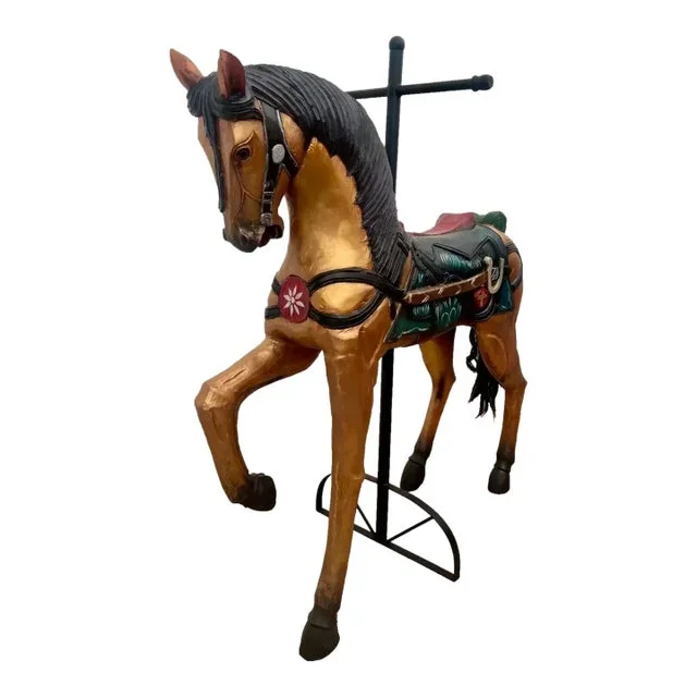 1920s Antique Carousel Horse Hand Carved Wood Full Size Carnival Ride