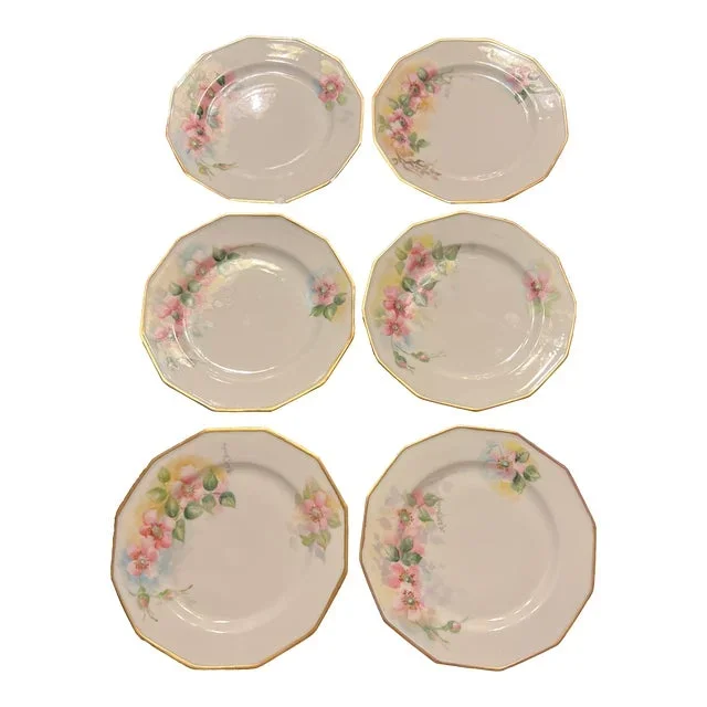 1920s Antique Hand Painted Limoges 12 Sided Dessert Plates- Set of 6