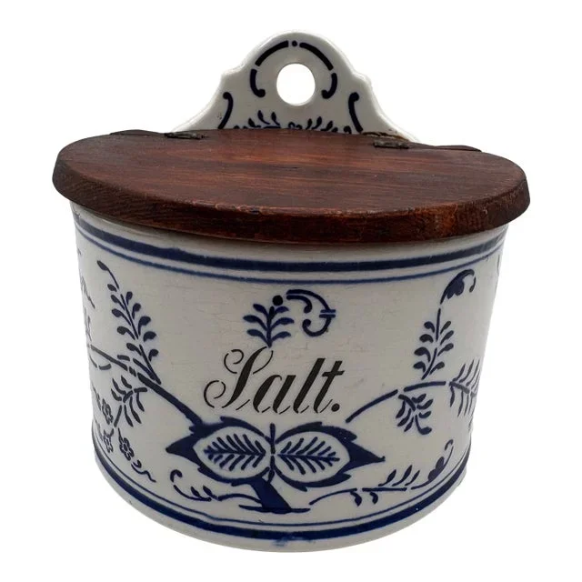 1920s Salt Box Blue and White Ceramic With Wood Lid Antique From Germany