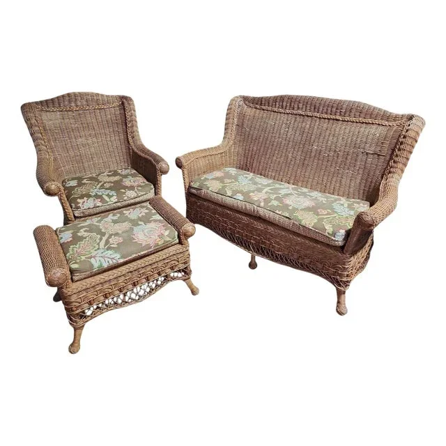 1920s Victorian Wicker and Rattan Parlor Suite- 3 Pieces