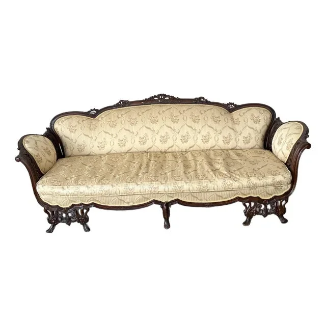 1930-1940’s Period Antique Hand Carved Solid Wood Frame Sofa with Swan Motif on Legs, Fully Restored and Reupholstered in High Grade Fabric