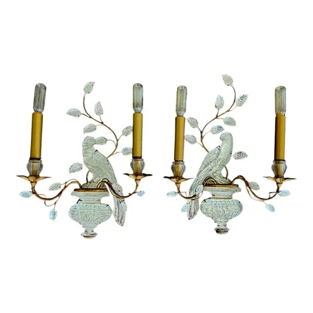 1930’s Maison Baguès Aviary Rock Crystal Parrot and Urn Wall Sconces- A Pair
