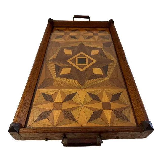 1930’s Inlay Tray With Wood Handles and Removable Glass.