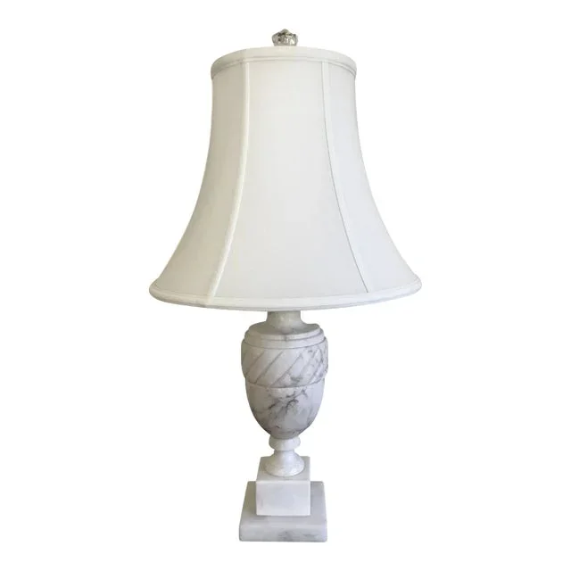 1930’s Solid White Marble Table Lamp with White Silk Shade and Crystal Finial