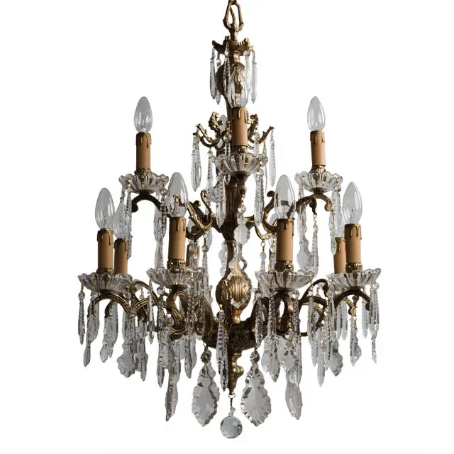 1930s 12 Light Brass Chandelier With Crystal Pendants