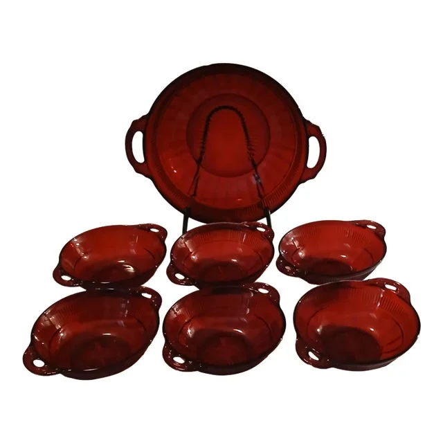 1930s Anchor Hocking Royal Ruby Coronation 7 Piece Serving Bowl Set