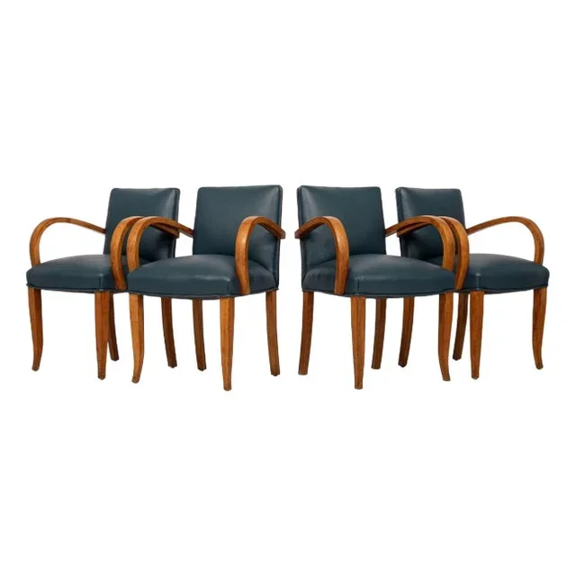 1930s Antique Art Deco Maple Bentwood and Blue Leather Dining Chairs