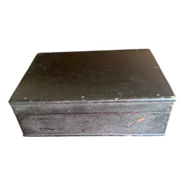 1930s Antique Handmade Wooden Box With Old Red Wallpaper Faded Golden Stars Inside Hinged