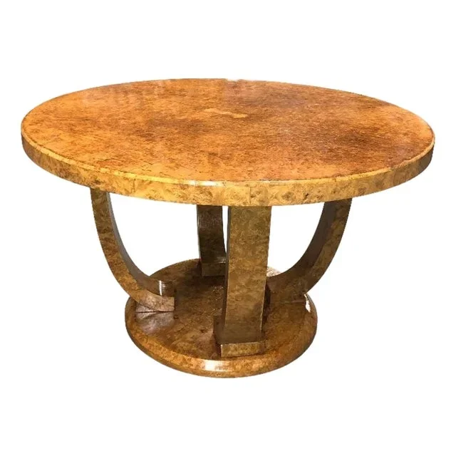 1930s Restored Art Deco Jules Leleu Round Oak Burled Wood Table