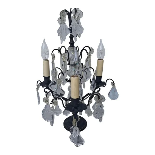 1940’s French Regency/ Louis XV Black Patinated Bronze W/ Cut Crystal Electrified Table Lamp/ Girandole by Baccarat