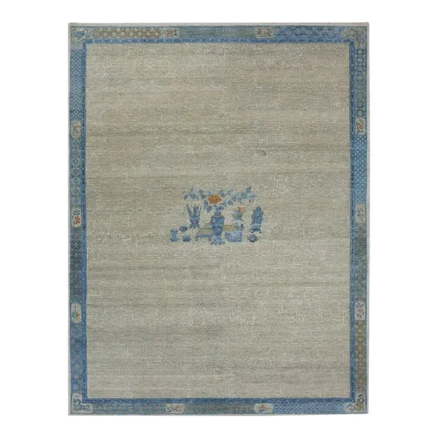 1940 Ash Gray Antique Chinese Inspired Open Field Wool Hand Knotted Rug 9’1″x12’1″