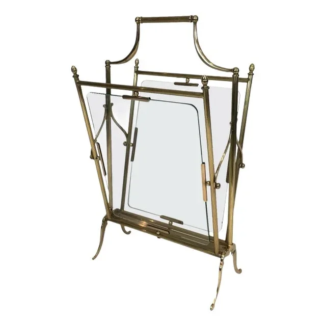 1940 Neoclassical Style Brass and Clear Glass Magazine Rack by Maison Jansen