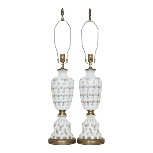 1940’s French Opalescent White Coin Dot Lamps by Fenton, a Pair