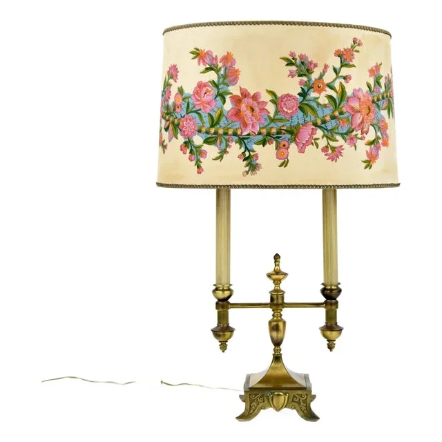 1940s Brass Table Lamp with Floral Shade