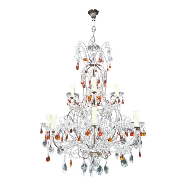 1940s Florentine Lustre Art Nouveau Amber Crystal Chandelier