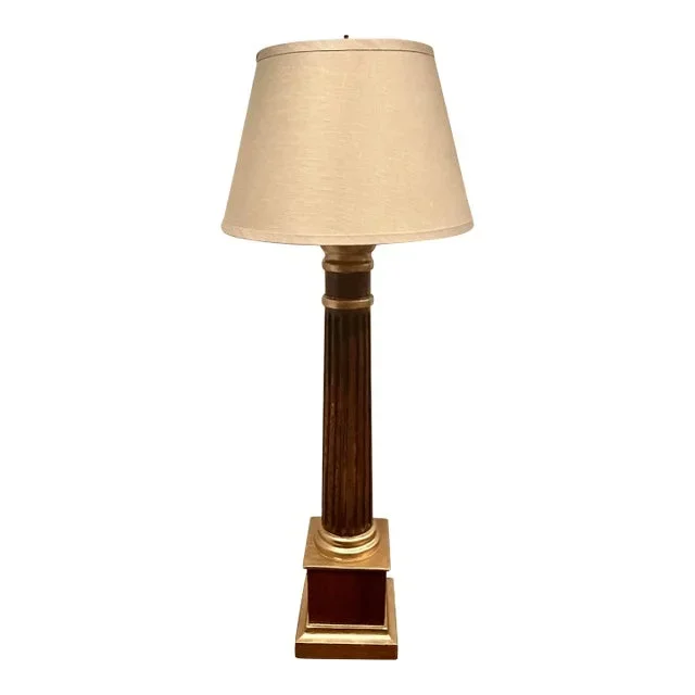 1940s Hand Carved Fluted Column With Ionic Capital Accent Lamp and Restoration Hardware Linen Shade