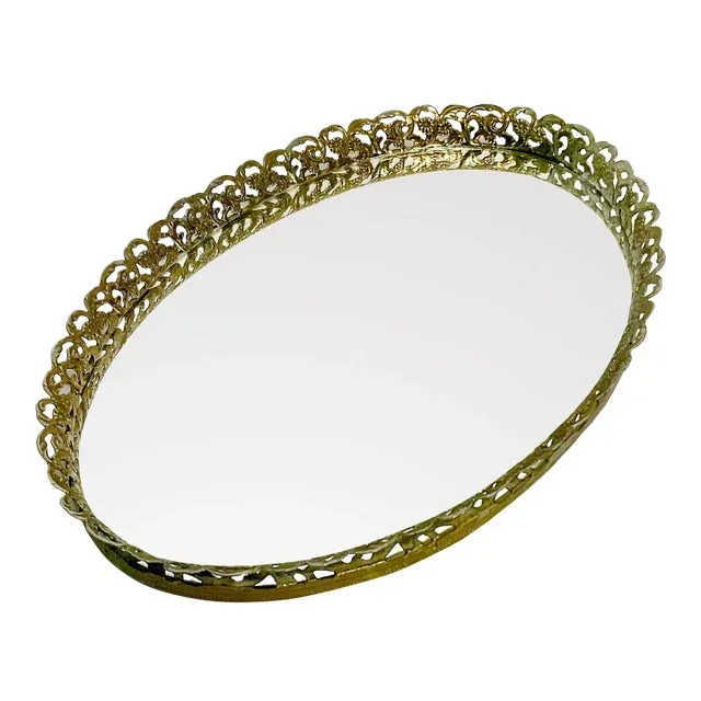 1940s Hollywood Regency Boho Chic Filagree Oval Mirrored Dresser Tray