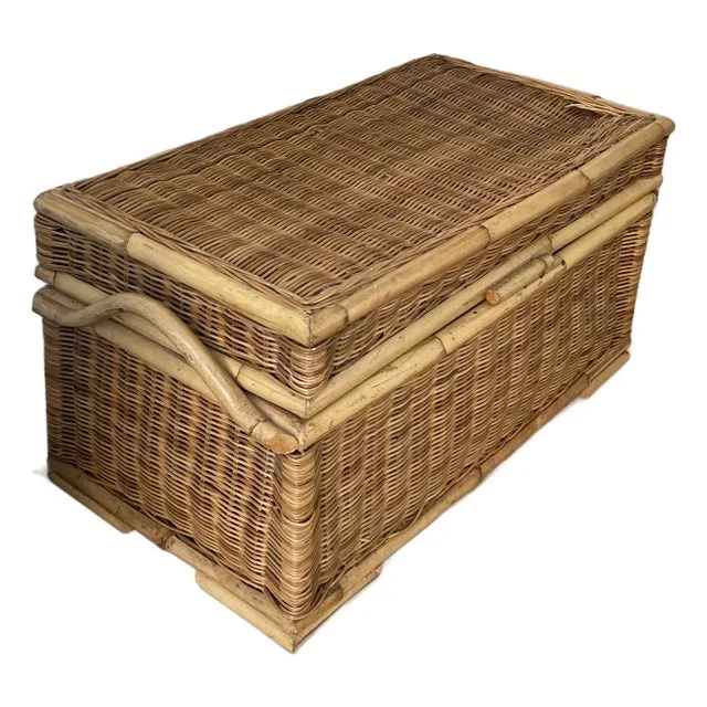 1940s Vintage Wicker Bamboo Trunk Blanket Chest