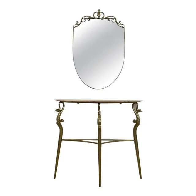 1950’s Italian Brass Marble Console with Mirror – Set of 2