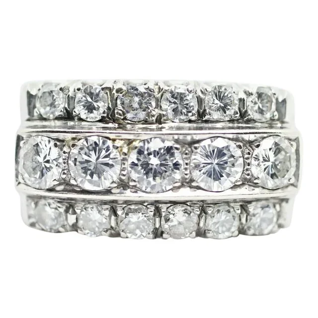 1950s 14 Karat White Gold 3-Row Diamond Wedding Ring 1.62 Carat, Size 6.5