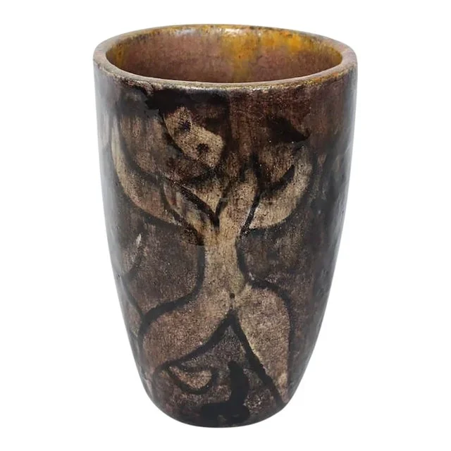 1950s Cereste Figurative Glazed Earthen Tone Oblong Art Pottery Vase