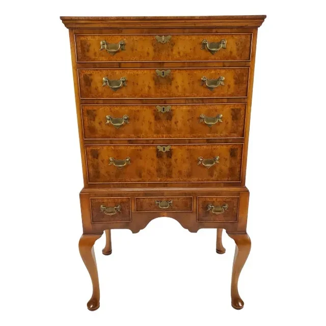 1950s English 7 Drawer Burl Walnut Queen Anne Style Tall Boy Chest on Stand