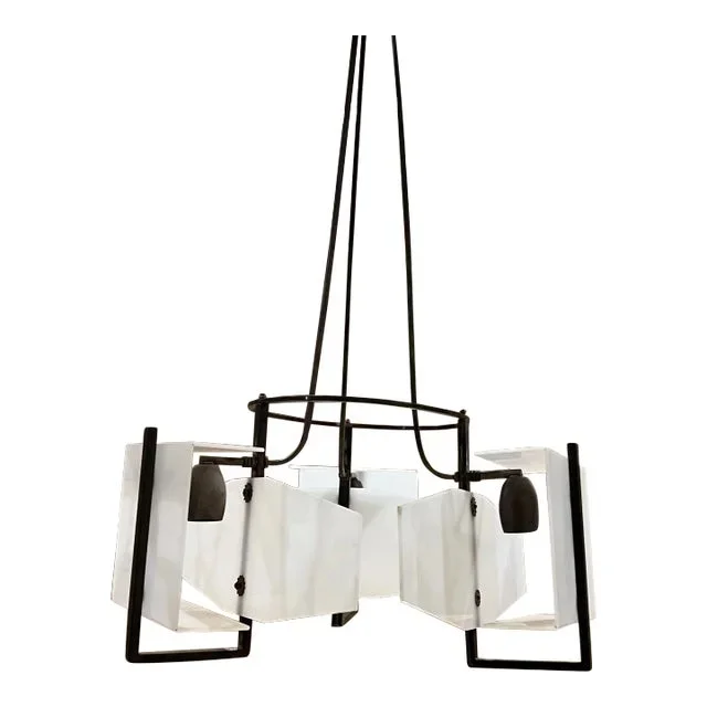 1950s Italian 3 Light Chandelier Patinated Brass Geometric Plexiglass