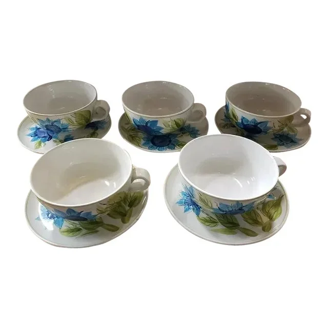 1950s Japanese Ironstone Ware Hand Painted Bowls & Saucers- 10 Pieces