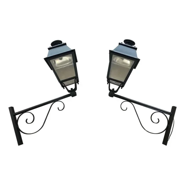 1950s Large Exterior Iron Lanterns on Supports – Set of 2