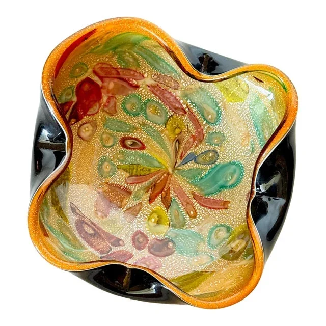 1950s Mid Century Modernist Italian Multicolor Confetti Murano Style Art Glass Freeform Decorative Bowl