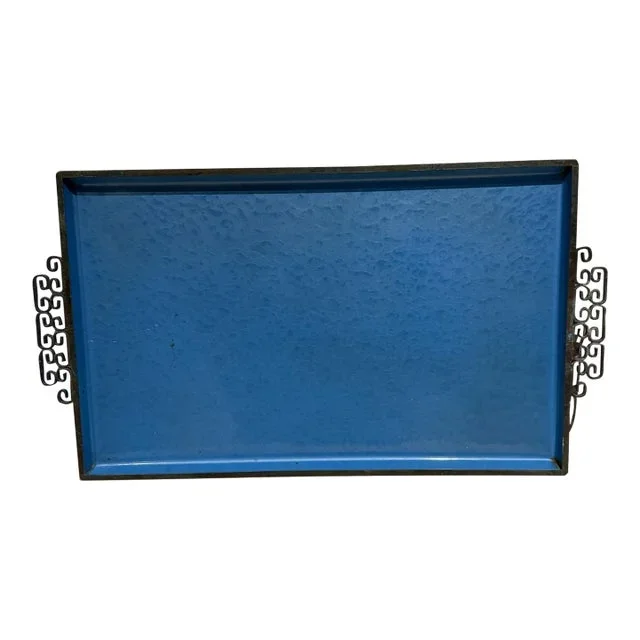 1950s Moiré Glaze Kyes Blue Enamel Serving Tray Pasadena Ca