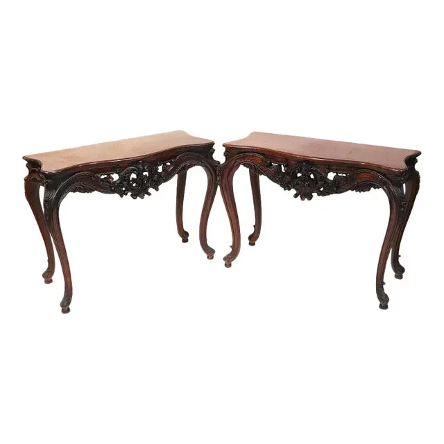 1950s Pair of Carved Mahogany Console Tables