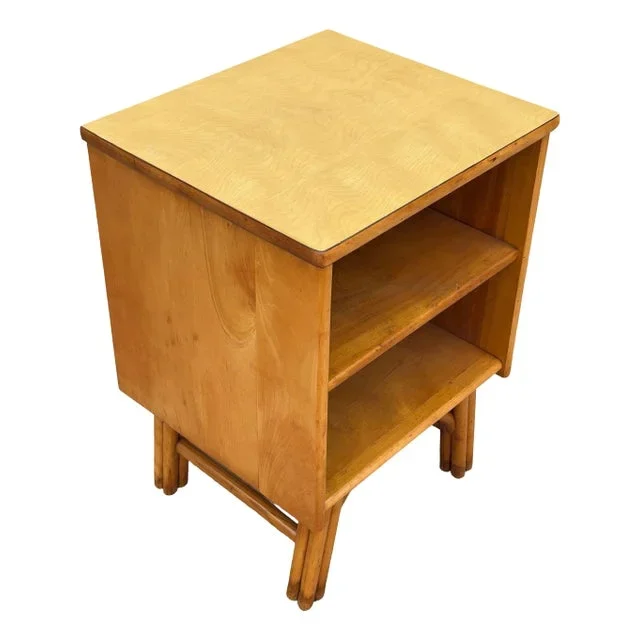 1950s Restored Heywood Wakefield Blond Birch End Table W/ Rattan Legs