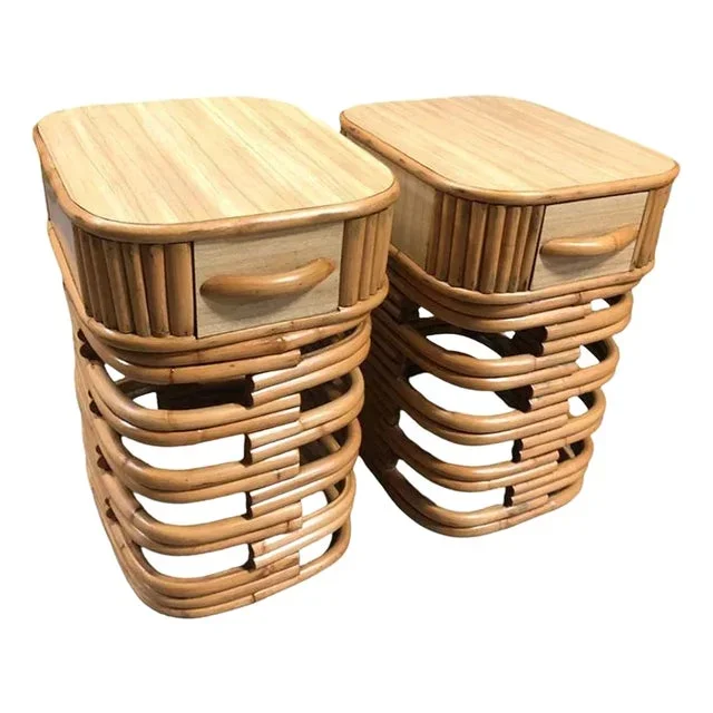 1950s Restored Modernist Stacked Rattan Nightstand Side Table W/ Formica Top, Pair