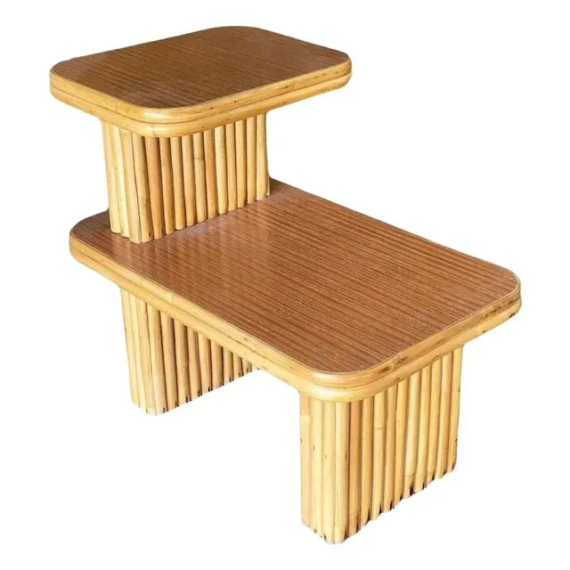 1950s Restored Vertically Stacked Rattan Side Lamp Table With Formica Top