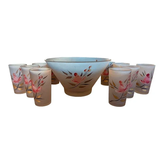 1950s Satin Glass Punch Set- 13 Pieces
