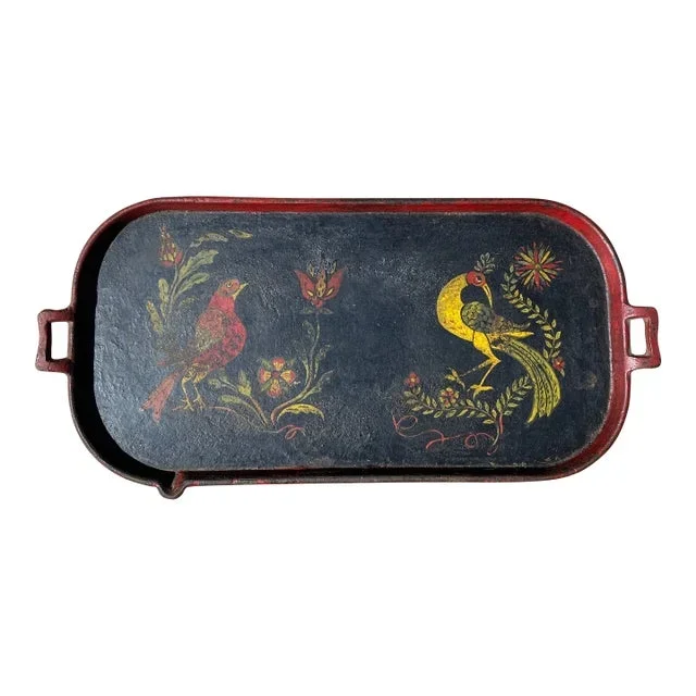 1950s Vintage Folk Painted Cast Iron Serving Tray