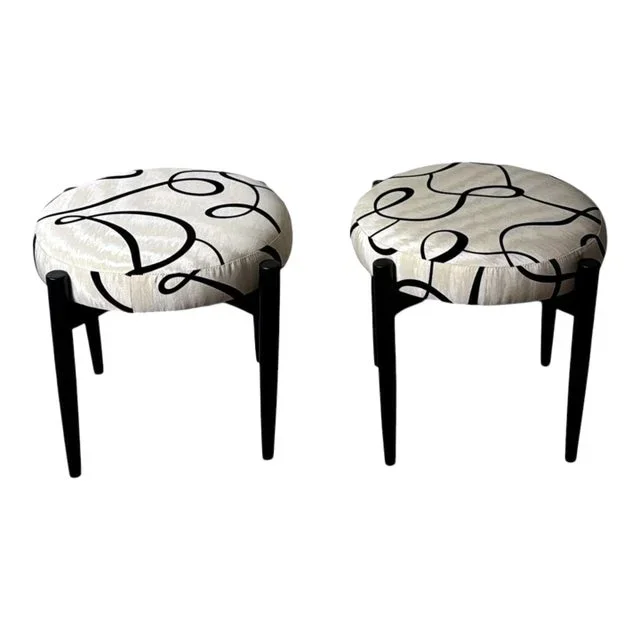 1950s Vintage Pair of Round Italian Stools in Ebonized Wood and Dedar Fabric