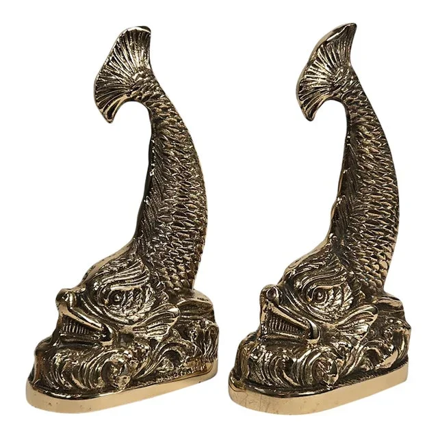 1960’s Intricate Cast Brass Dolphin Koi Fish Bookends