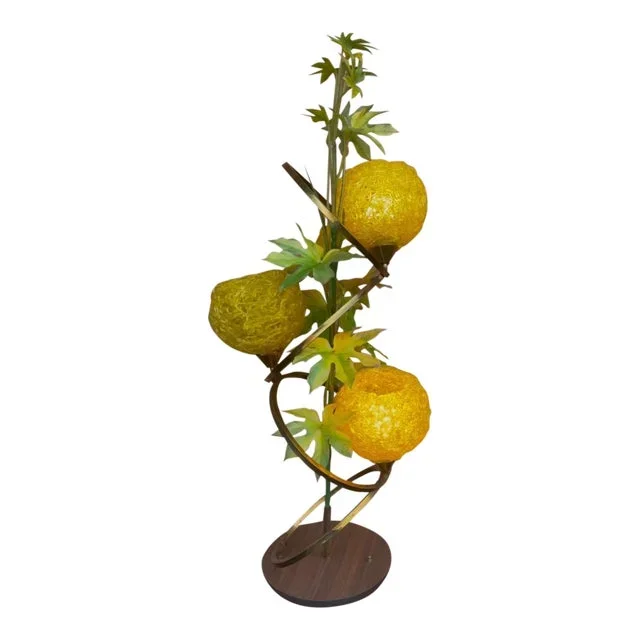 1960’s Mid-Century Modern Tilted Ring Brass Lamp & 3-Yellow Lucite ‘Spaghetti’ Shades