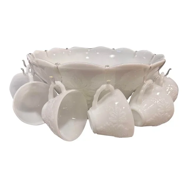 1960s Anchor Hocking Grape Vine Milk Glass Punch Bowl Set- 12 Pieces