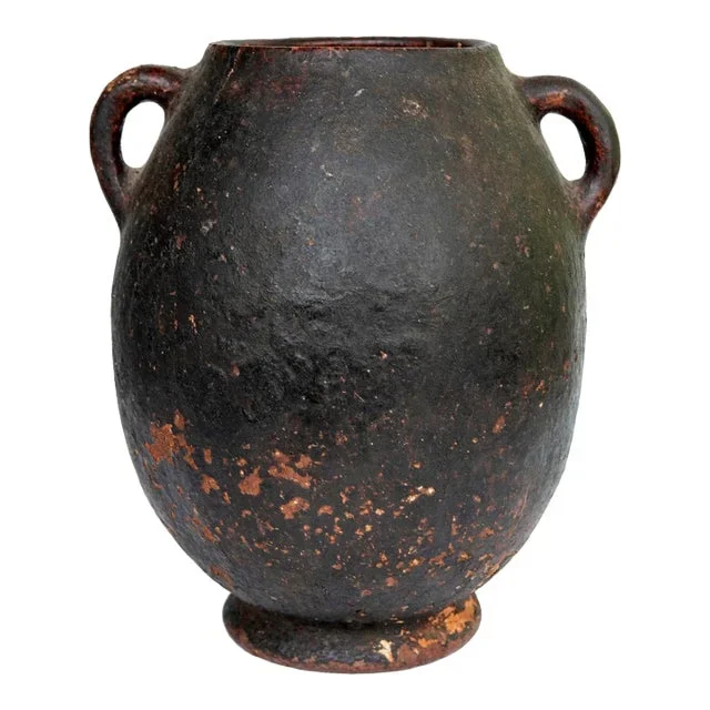 1960s Antique Moroccan Clay Vessel With 2 Small Handles